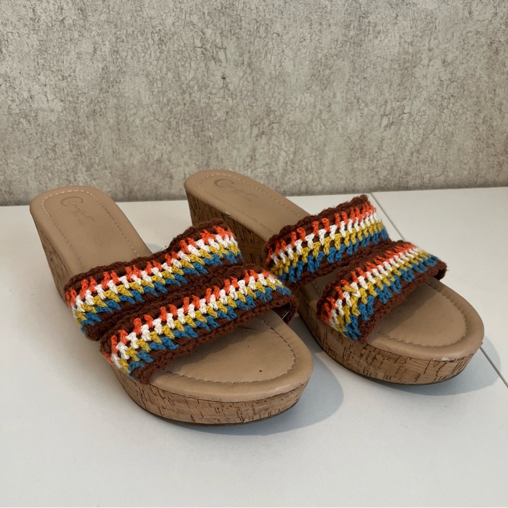 Comfort Wedge Boho Sandals Crochet Strap Mulit Color Cork Wedge Size 10